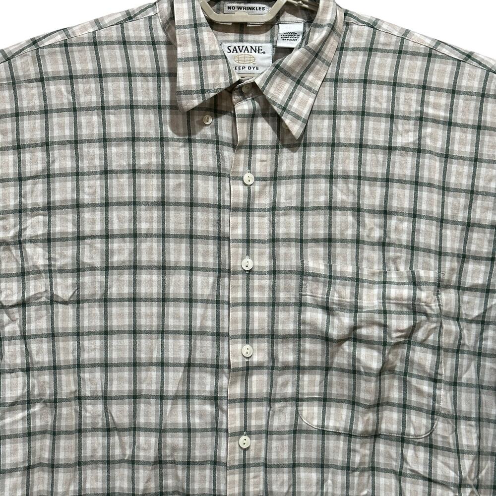 Savane Button Up Shirt Men XL Green Beige Plaid Short Sleeve No Wrinkle Cotton